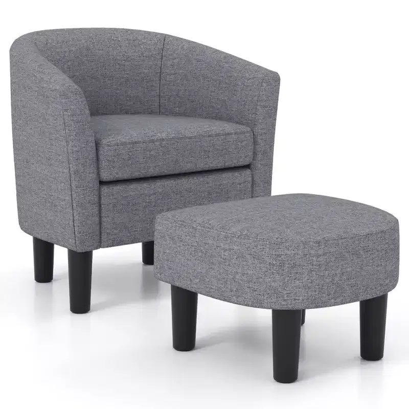 Costway Barrel Club Chair with Ottoman Set Footrest Curved Back & Removable Seat Cushion Grey/Beige