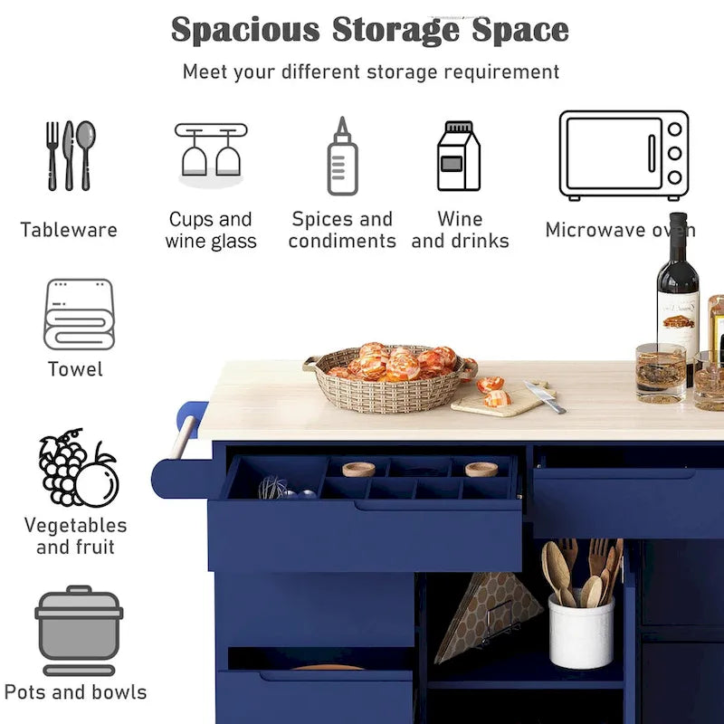 Rolling Kitchen Island Cart with 8 Handle-Free Drawers Rubberwood Top and Spice Rack