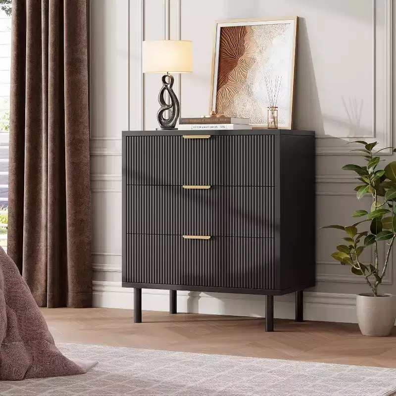 Black Fluted Wood Fresser, Wide 3-Drawer Chest, Modern Storage Organizer with Metal Legs and Anti-Tip Device for Bedroom, Living Room