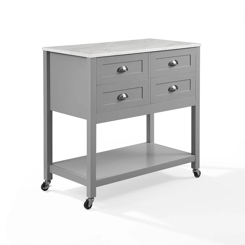 Modern Farmhouse Kitchen Island Cart with 4 Drawers Faux Marble Top and Casters