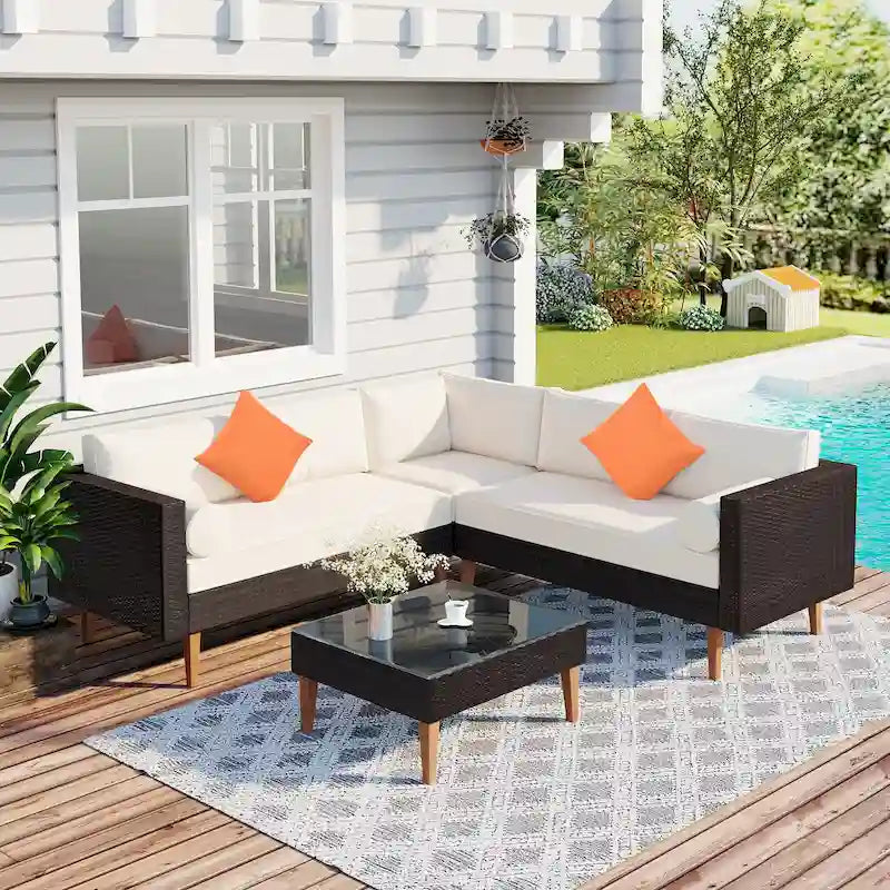 4-Pieces Outdoor L-shape Wicker Sofa Set with Colorful Pillows