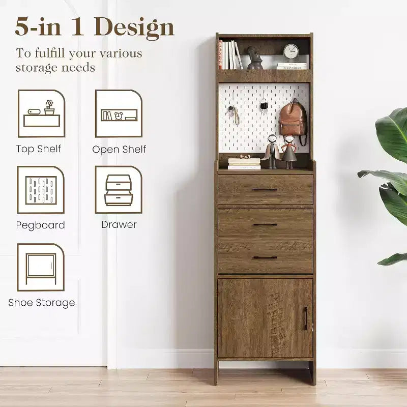 5-in-1 Entryway Shoe Cabinet with Flip Drawer, Pegboard and Adjustable Shelf