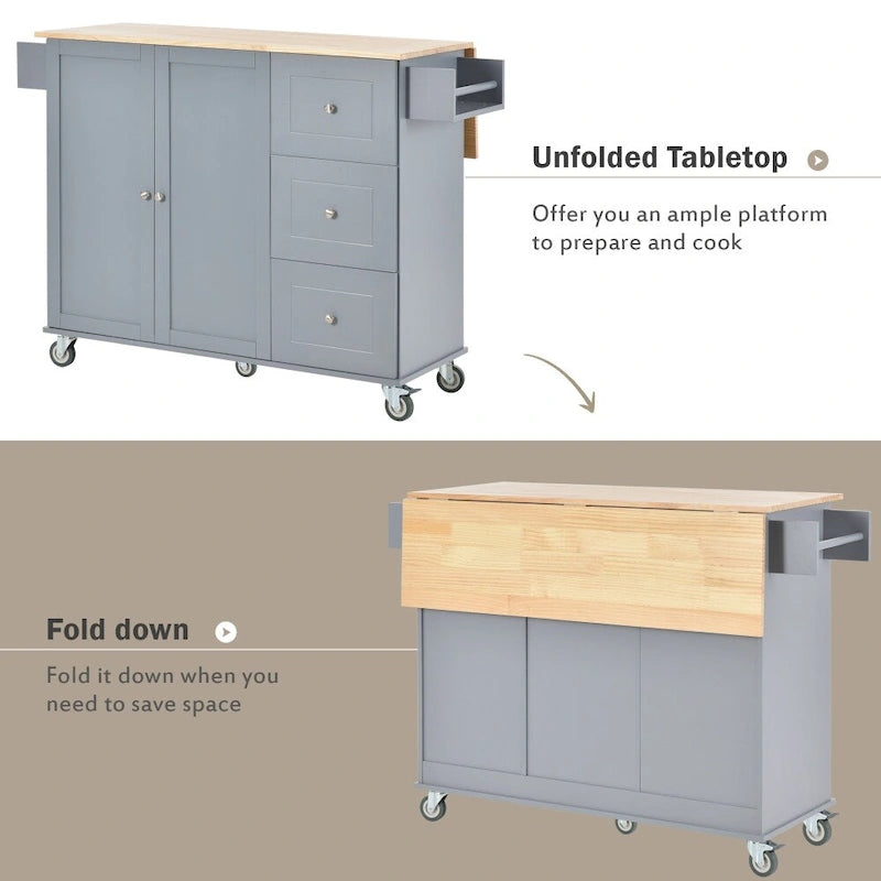 Rolling Kitchen Island with Drop Leaf Breakfast Bar Solid Wood Top 3 Drawers and Spice Rack