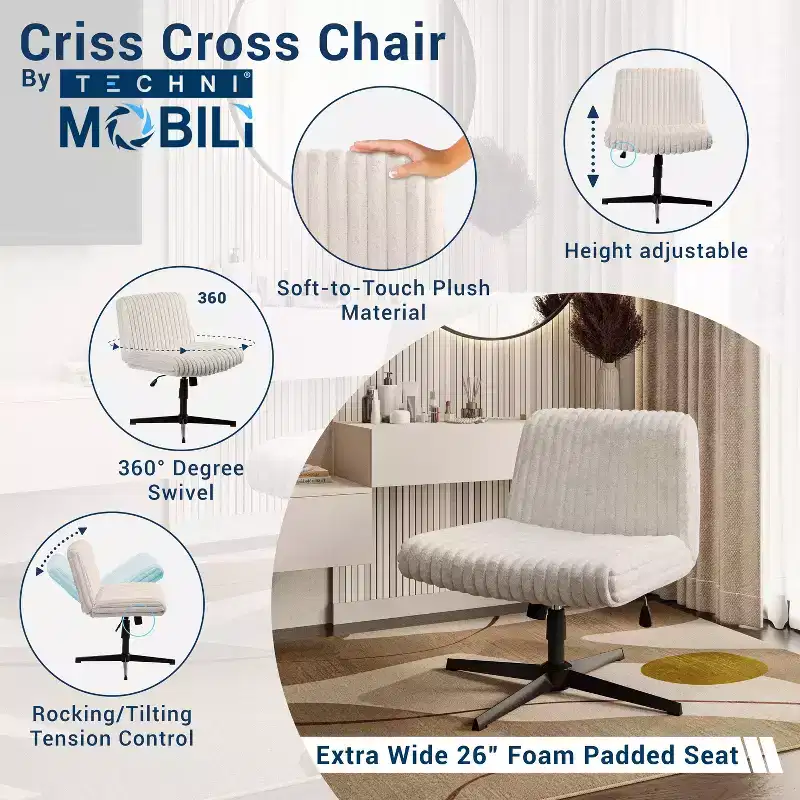Plush Criss Cross Chair with Adjustable Height, Office Chair with Extra Wide Seat, Comfy Chair for Home, Office, White