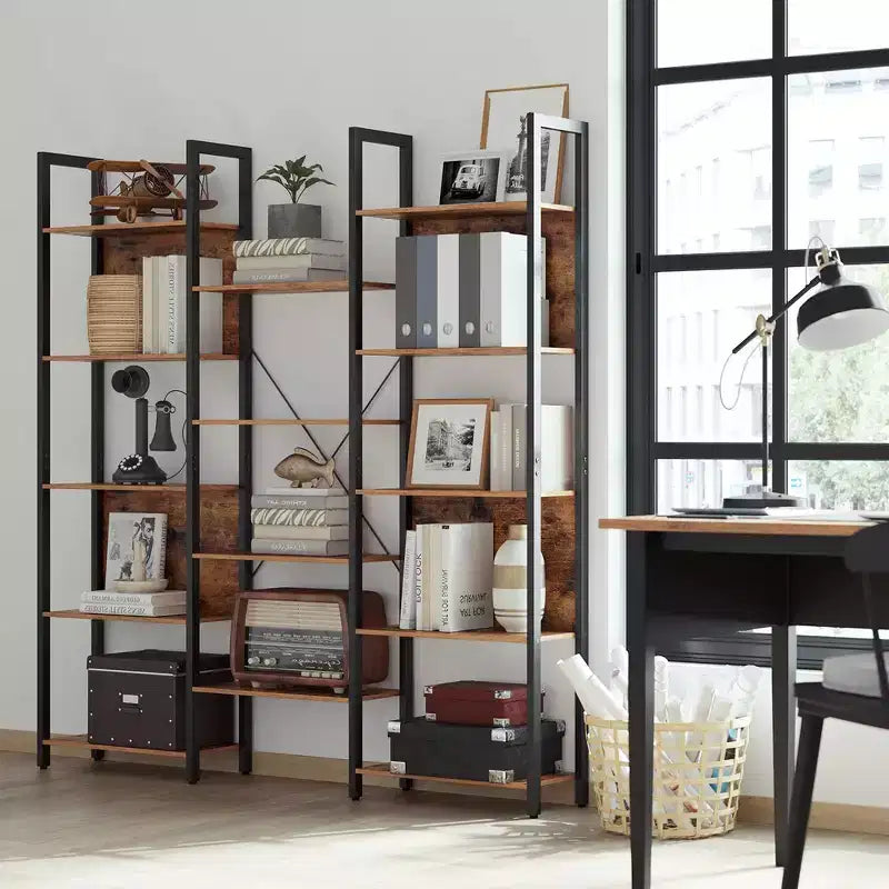 VASAGLE 5-Tier Bookcase with 14 Shelves, Book Shelf with Metal Frame, Bookshelf for Living Room, Home Office, Industrial Style, Rustic Brown and Black