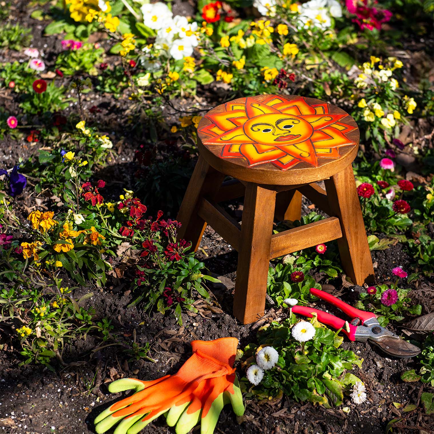 Sun Face Carved Raintree Wood Stool