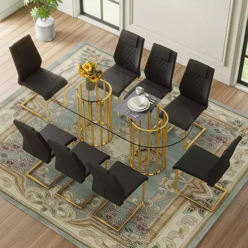 GDFStudio Arvion 8-Person Glass and Metal Dining Set with Faux Leather Upholstered Chairs