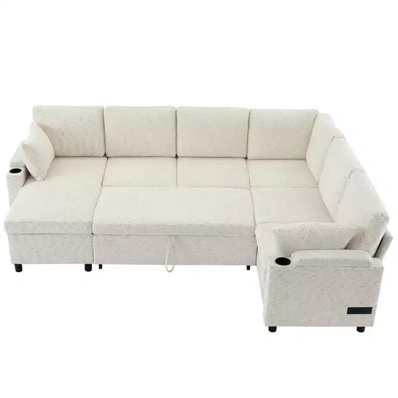 Merax Versatile U-Shaped Sectional Sofa with Pull-Out Bed, Storage Compartments, Built-in Power Sockets & Cup Holders