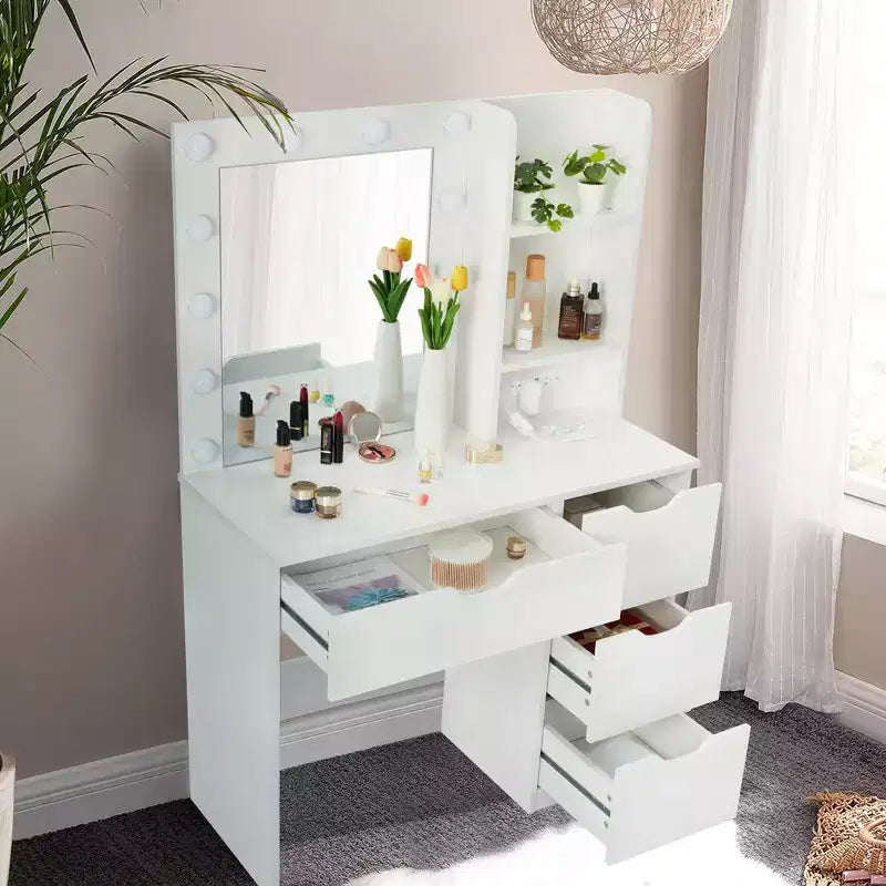 Makeup Vanity with Drawers, White Vanity Desk with Mirror and Lights in 3 Colors 12 LED