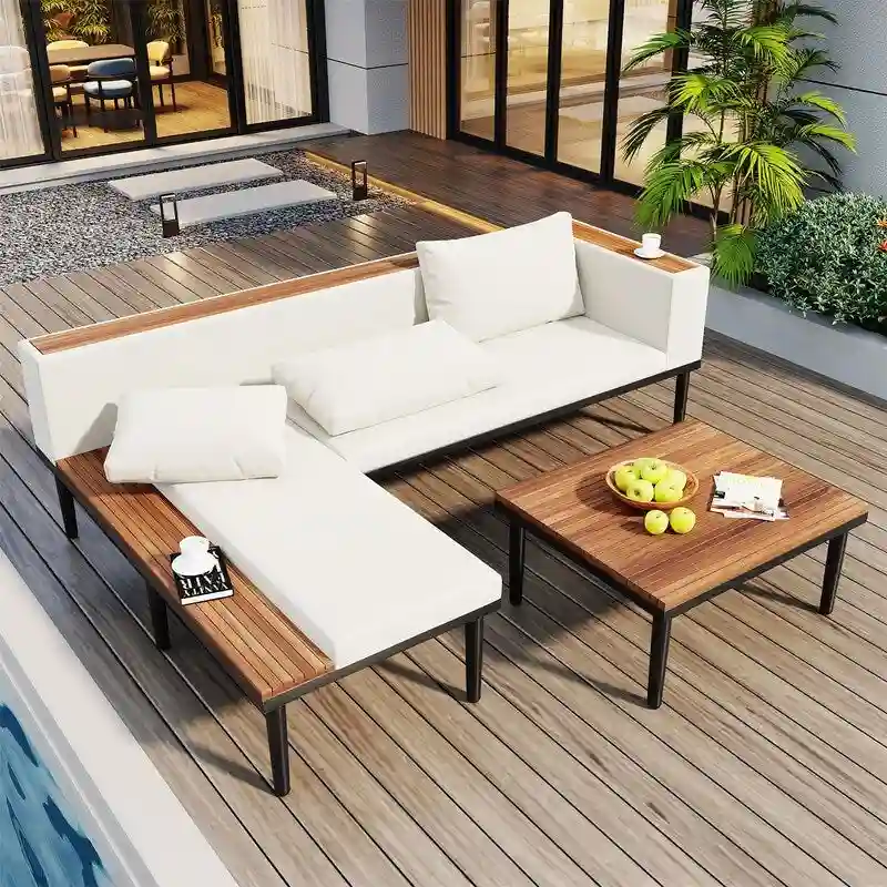 3-Piece Luxury Patio Furniture Set with Coffee Table, L-Shaped Acacia Wood Sectional Sofa with Side Table and Removable Cushions