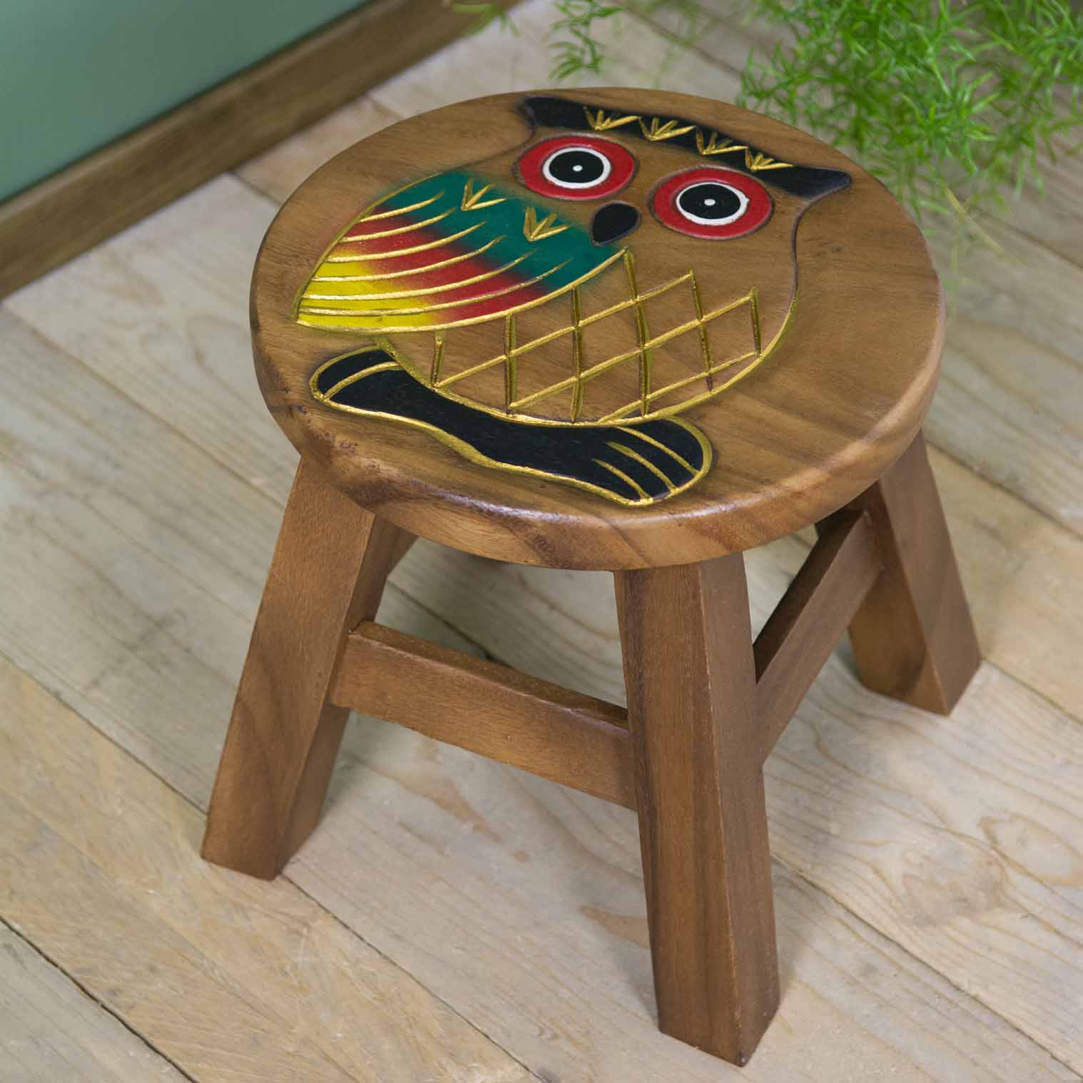 Owl Carved Raintree Wood Stool