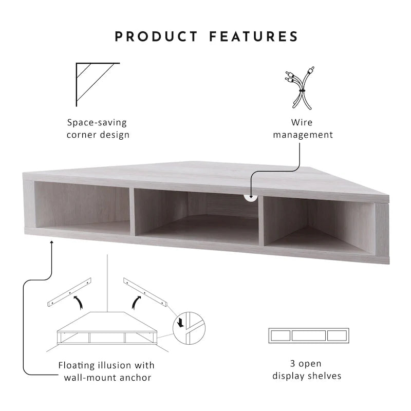 47 Corner Floating TV Stand, 3 Shelves, Transitional Style, Space-Saving Wall Mount