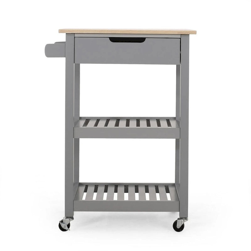 Compact Rolling Kitchen Cart with Rubberwood Top Drawer 2 Slatted Shelves and Towel Rack