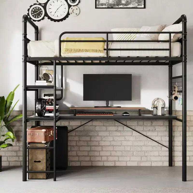 Loft Bed with L-Shaped Desk, Twin Metal Bunk Bed with Storage Shelves & High Guardrail, Space-Saver for Kids, Teens, or Small Rooms