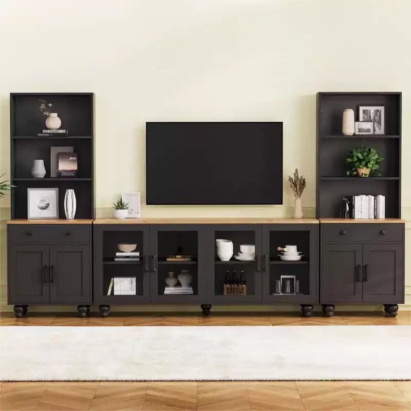 TV Wall Unit for 70 in. TV with Bookshelves and Glass Cabinet Doors, 110W x 15.7D x 63H in.