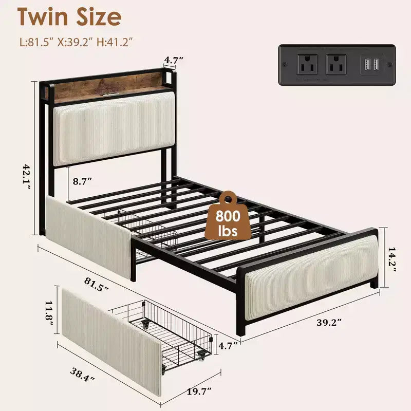 Twin Size Wood Platform Bed Frame with Headboard and 2 Storage Drawers, No Box Spring Needed, for Kids, Teens or Adults