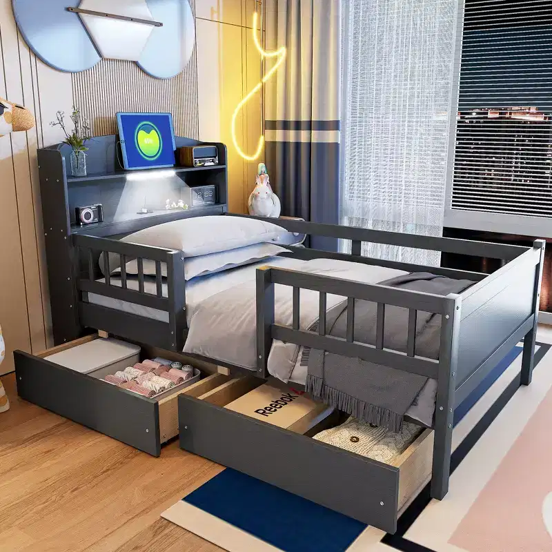Twin Size Wood Platform Bed with Built in LED Light, Multi functional Headboard, Guardrail and Drawers