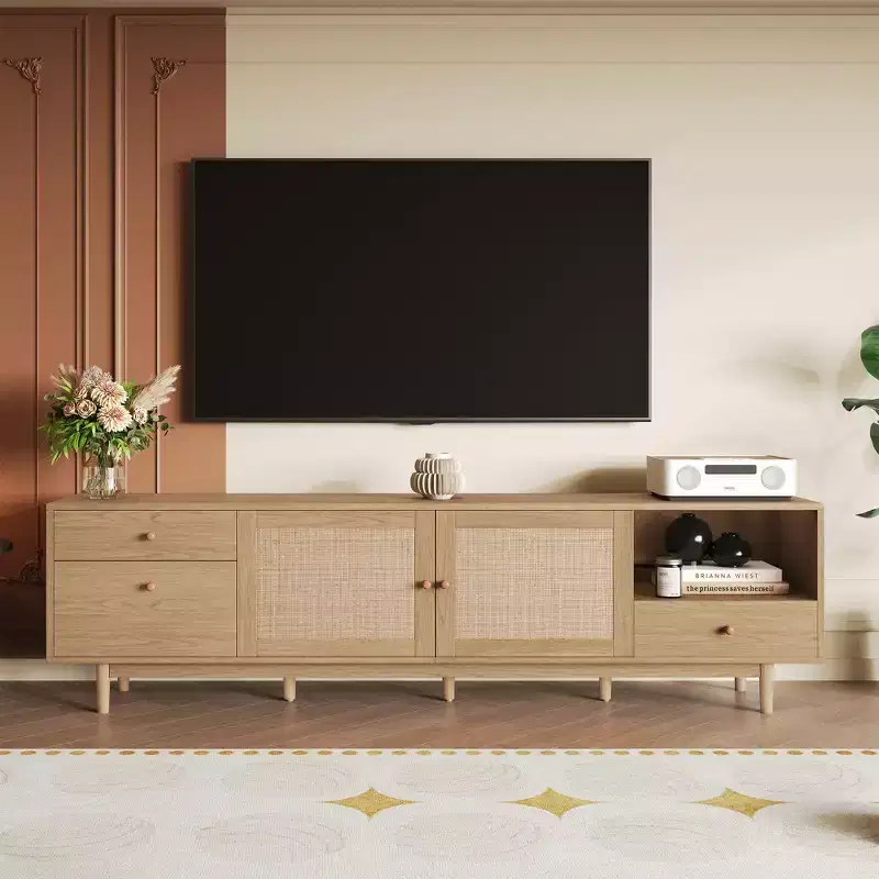 77-inch Mid-Century Modern Natural Rattan TV Console, Entertainment Center with Open Storage and Drawers