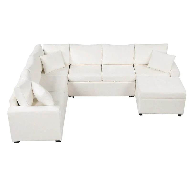 Chenille Sectional Sofa Pull-out Sofa Bed, L-Shape Sleeper Sofa with Storage Ottoman, 3 Pillows and Charging Devices