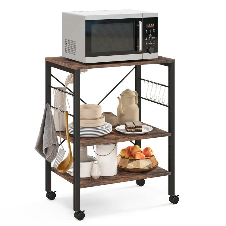 Rustic Brown 3-Tier Rolling Baker's Rack Microwave Cart with S-Hooks