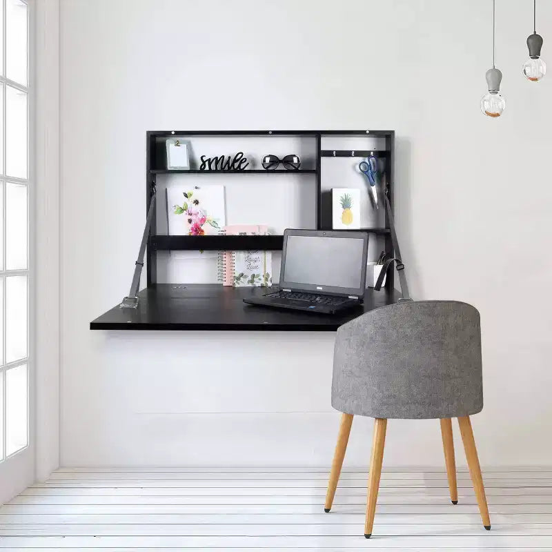 36 x 24 Wall-Mounted Murphy Desk with Chalkboard and Open Storage Shelf, Black