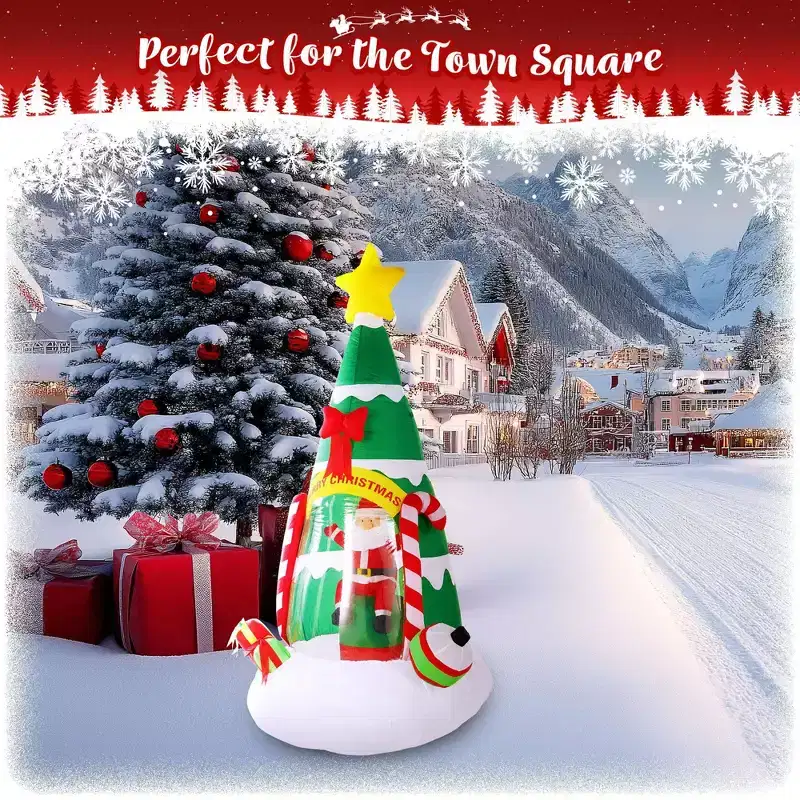G128 7 ft Inflatable Christmas Tree with Santa Claus, Candy Canes & LED Lights