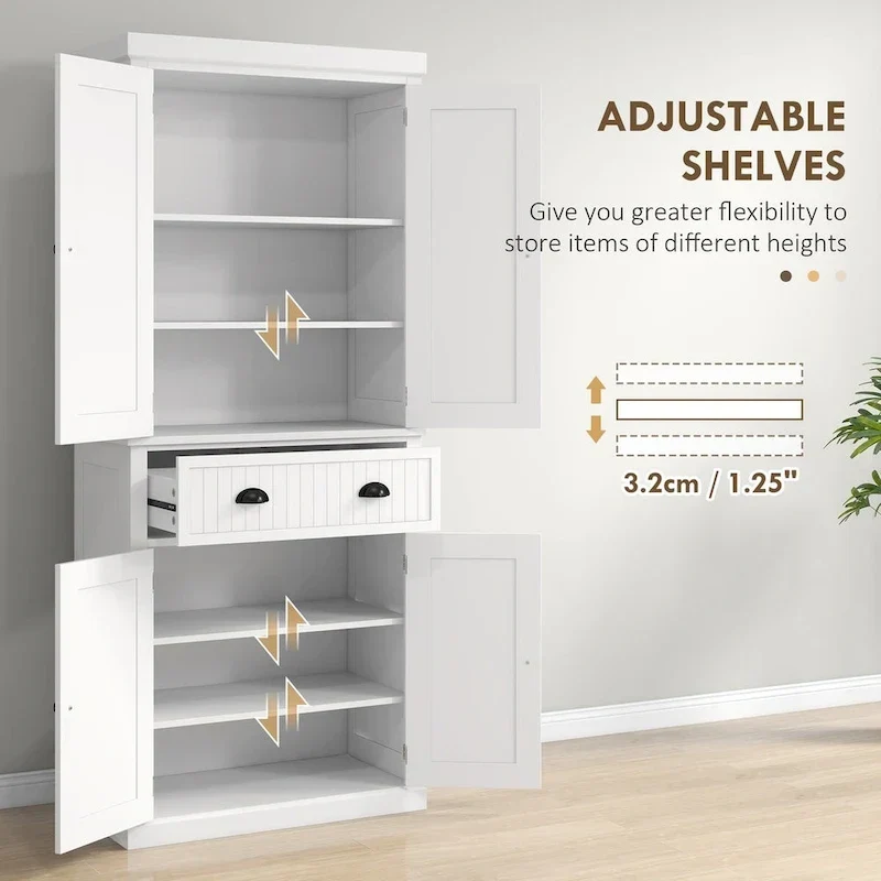72 Kitchen Pantry Storage Cabinet, Traditional Freestanding Cabinet with 4 Doors and 3 Adjustable Shelves, Large Central Drawer