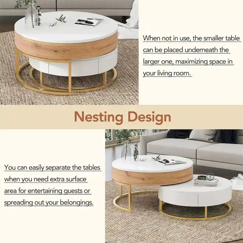 Modern Round Lift-Top Nesting Coffee Tables with Storage Drawers