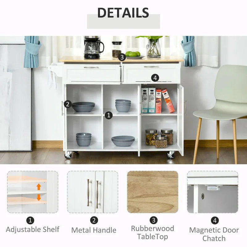 Rolling Kitchen Island Cart with Natural Wood Top 2 Drawers 3 Cabinets and Towel Rack