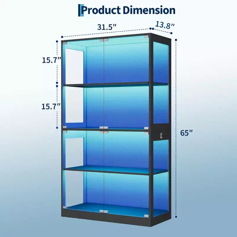 Glass Display Cabinet with Doors, 4-Tier Curio Cabinet with 3-Color LED Lights, Charging Ports and Motion Sensor