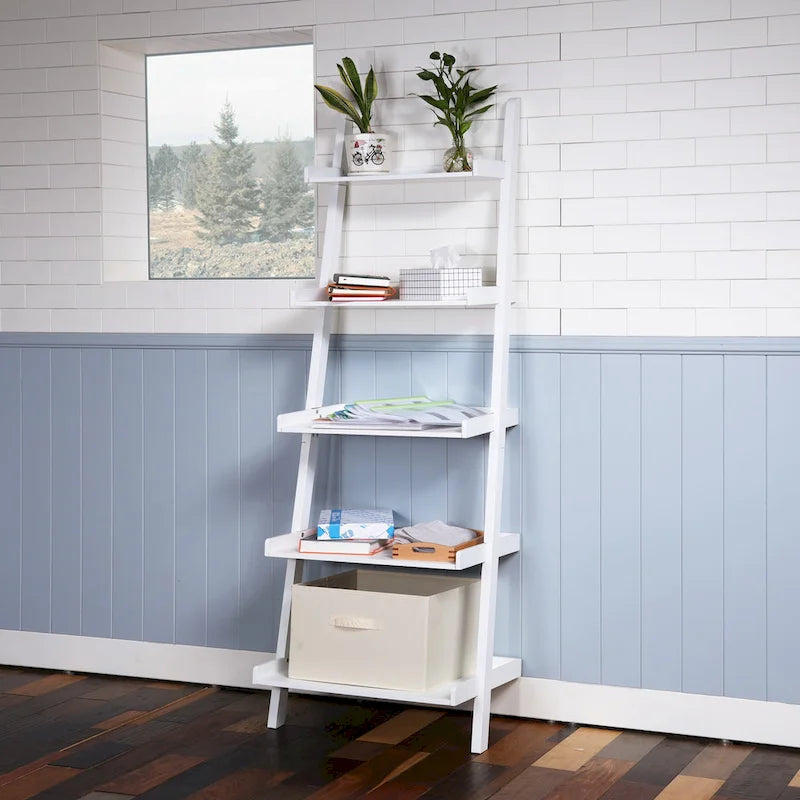 5-Tier Leaning Ladder Shelf Bookcase with Solid Wood Legs