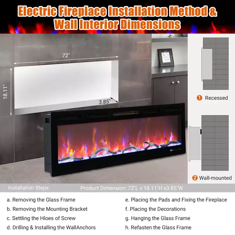 72in Electric Fireplace Wall Insert, 12 Flame Color Recessed Wall Mount Fireplace with Dual Heat 750w/1500w, Voice Control
