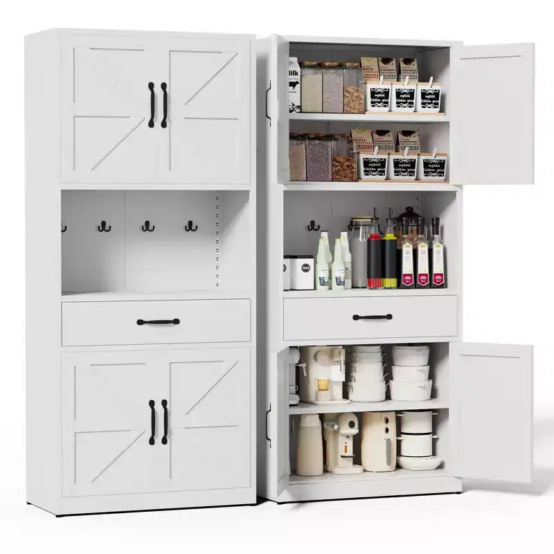 VIYET 71H Heavy-Duty White Steel Pantry Cabinet,Large Countertop+Adjustable Shelves+Drawers+Hooks,Modern Storage for Kitchen/Bathroom/Living Room