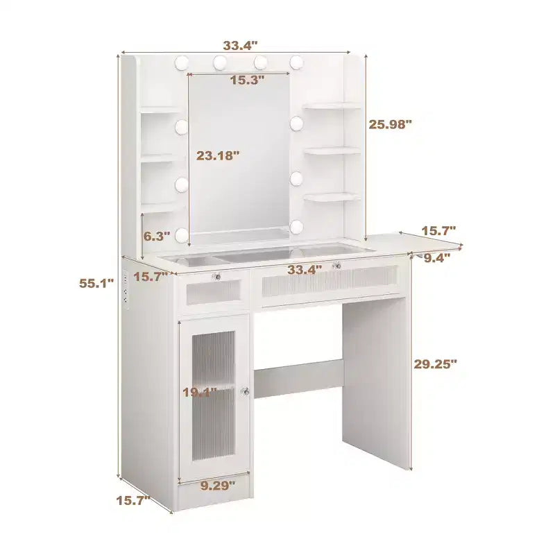 Vanity Desk with Mirror, LED Lights & Power Outlet �C 2 Drawers, 6 Shelves, Glass Top