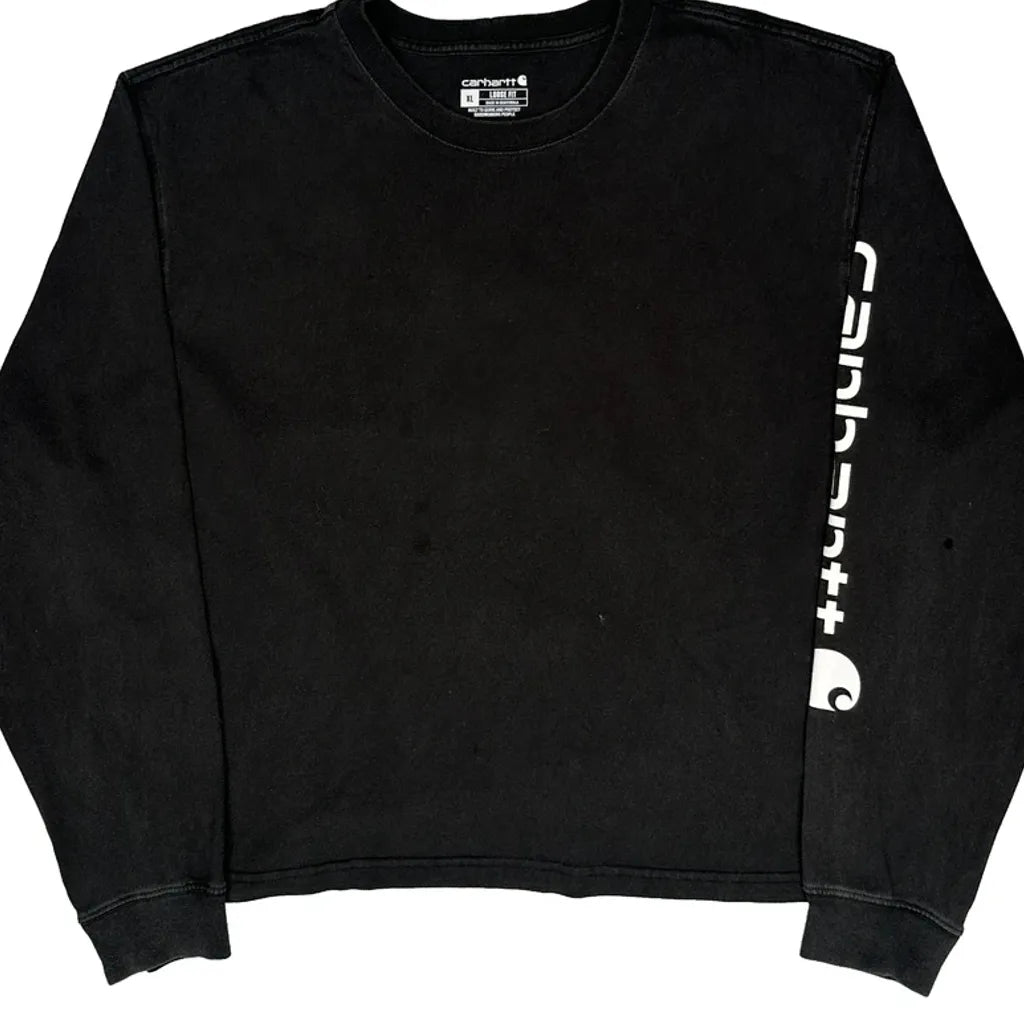 Cropped Long Sleeve T-Shirt Women's Regular Fit Crew Neck Black Cotton XL