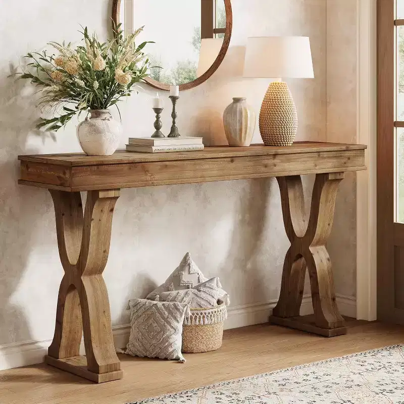 63-Inch Solid Wood Console Table, Farmhouse Narrow Entryway Table with X-Shaped Legs for Living Room, Hallway, or Foyer, Easy Assembly