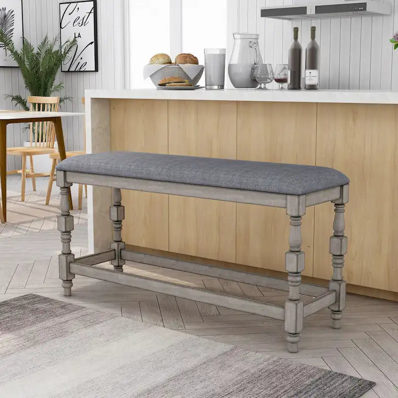 50-Inch Farmhouse Counter Height Upholstered Bench with Turned Legs