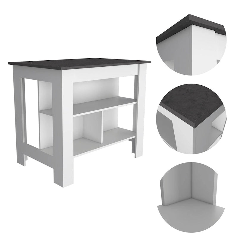 Transitional Kitchen Island with Dark Onyx Top and 3 Open Shelves