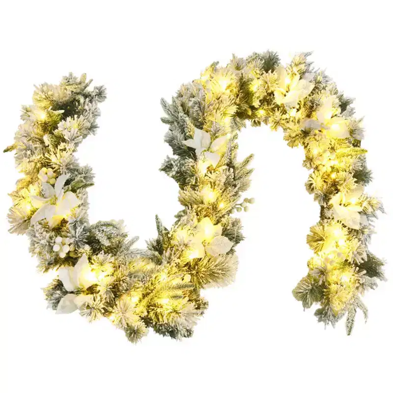 9ft Lifelike Christmas Garland Pre-Lit 50 Warm LEDs Timer 180 Tips Poinsettias Berries PVC/PE Indoor/Outdoor Use