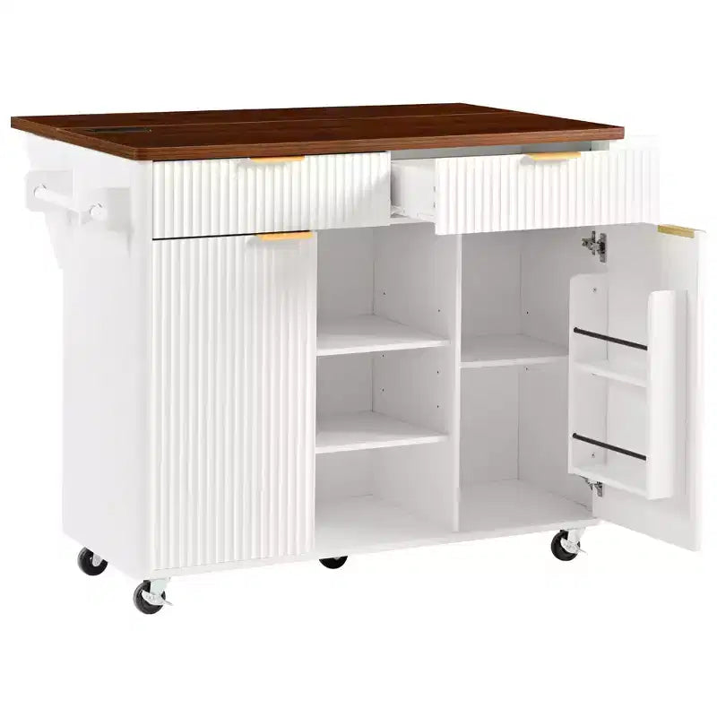 52-Inch Fluted Kitchen Island Cart with Power Outlet and Faux Marble Drop Leaf