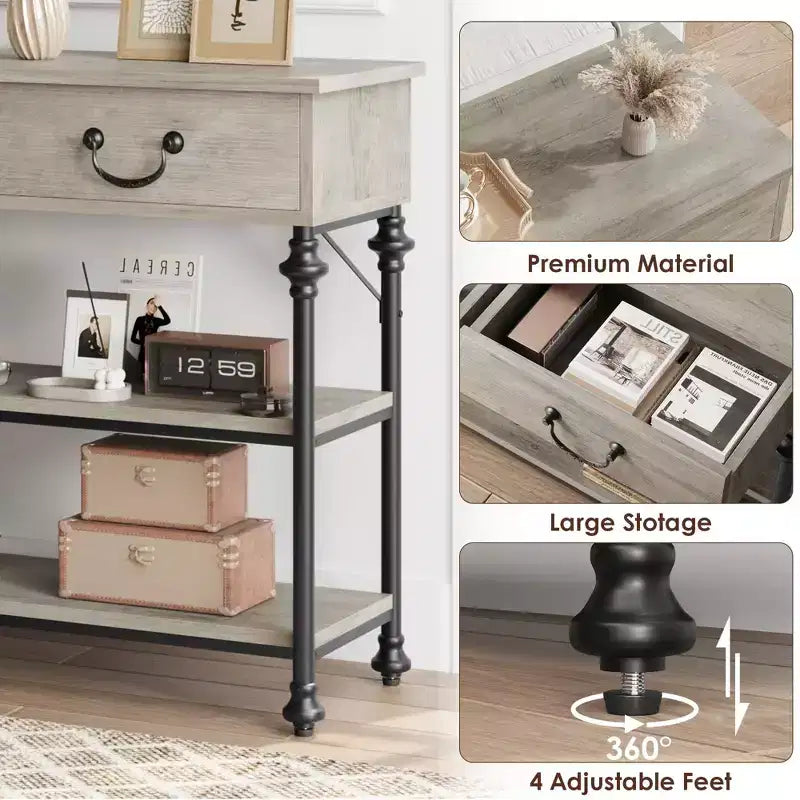 Slim Console Table with 2 Drawers and Open Shelves, Brown