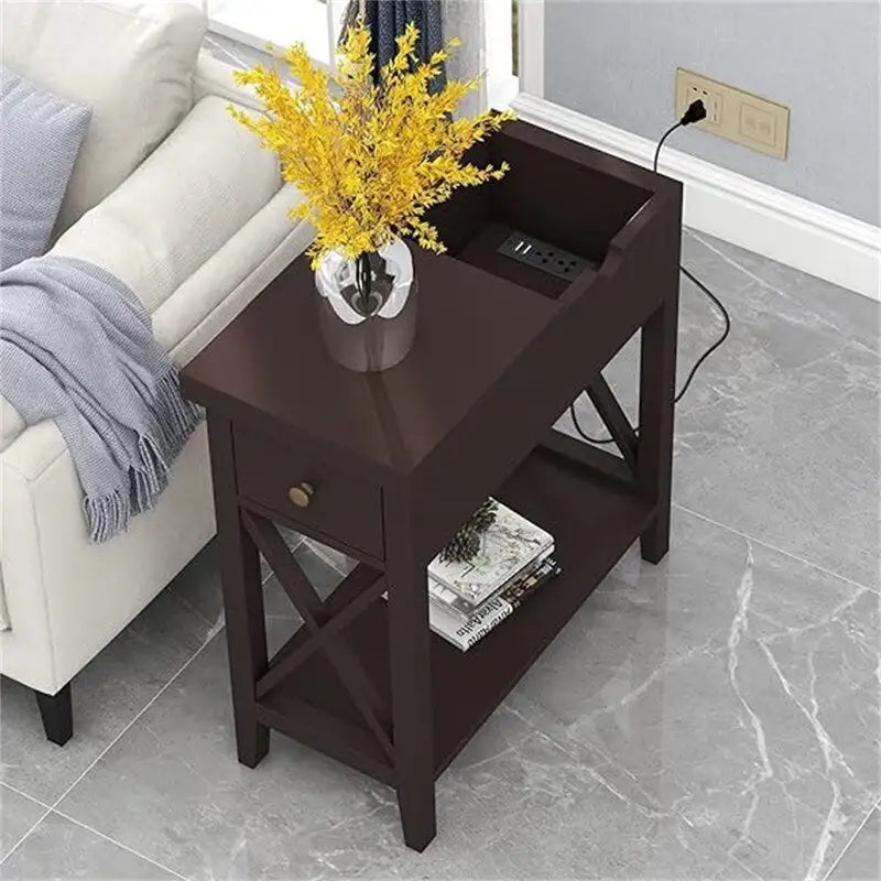 Narrow End Table with Flip Top Drawer and Charging Station