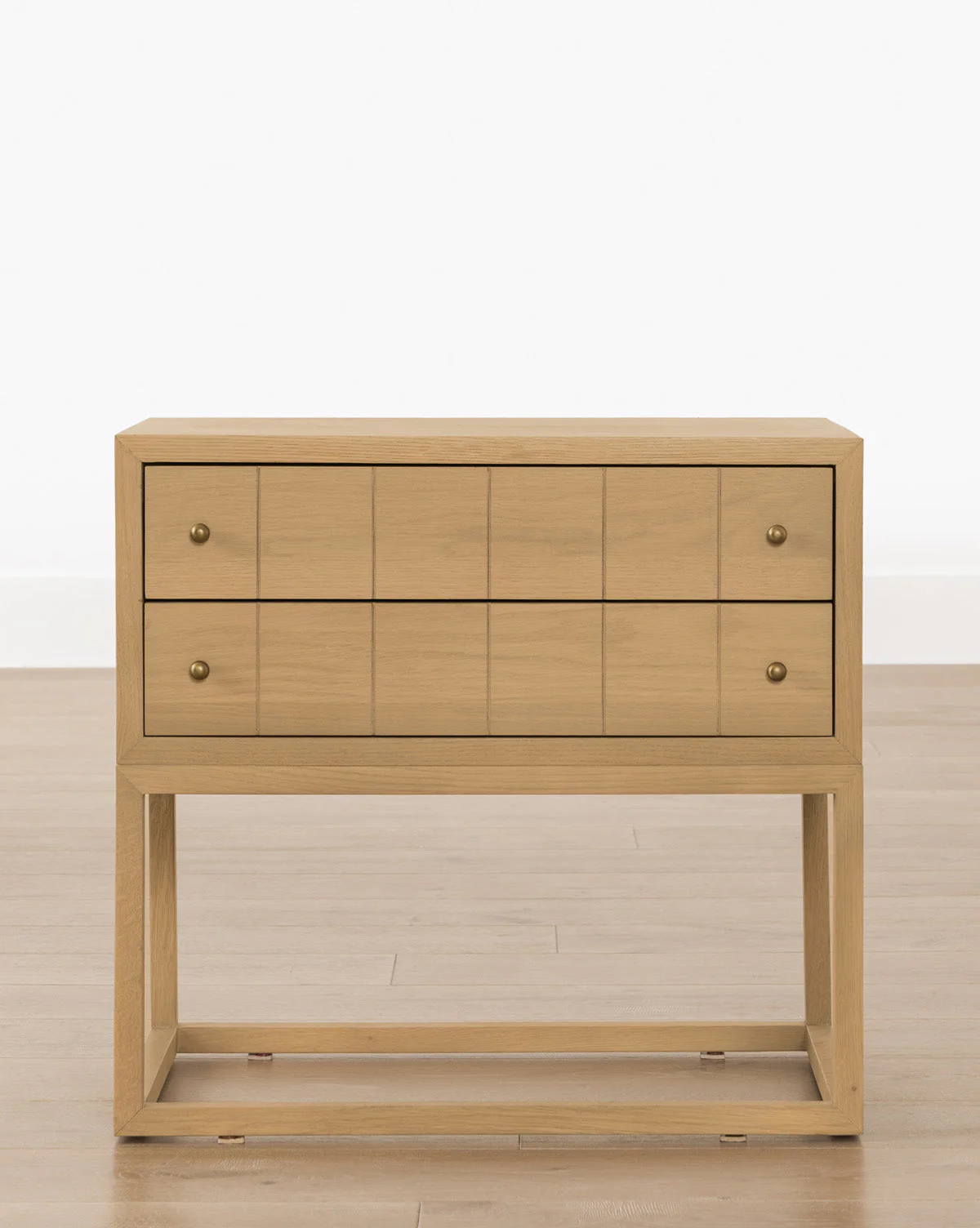 Contemporary Oak Nightstand with Etched Grid Pattern & Brass Pulls for Bedroom