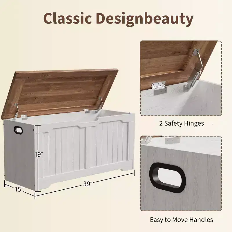 Storage Bench with Farmhouse Design - Storage Chest with 2 Safety Hinges, 15.7 x 39.4 x 18.9 Inches, Ideal for Entryway, Bedroom, and Living Room