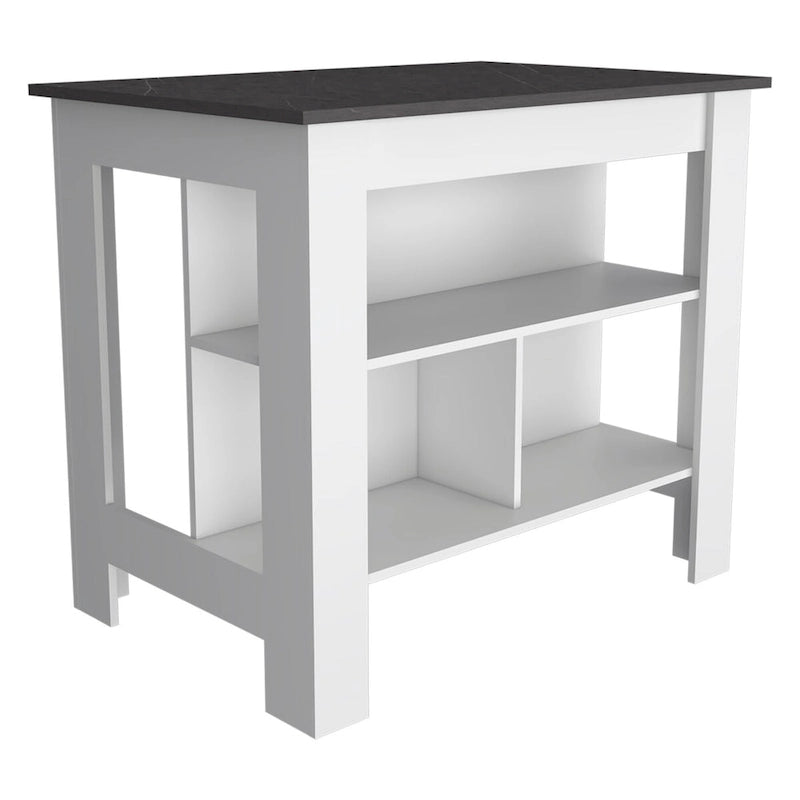 Transitional Kitchen Island with Dark Onyx Top and 3 Open Shelves