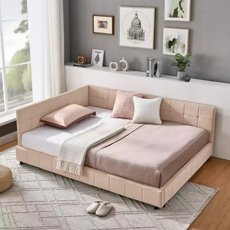 Full Size Upholstered Tufted Bed Frame with Backrest and Armrest - Pink