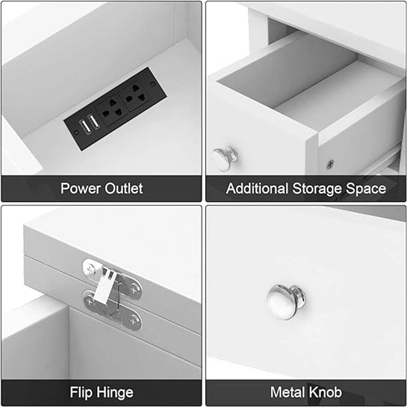 Narrow End Table with Flip Top Drawer and Charging Station