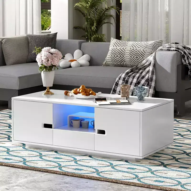 Modern LED Coffee Table, 16-Color Lighting & Storage Space in High Gloss Finish, Rectangle Accent Center Table for Living Room