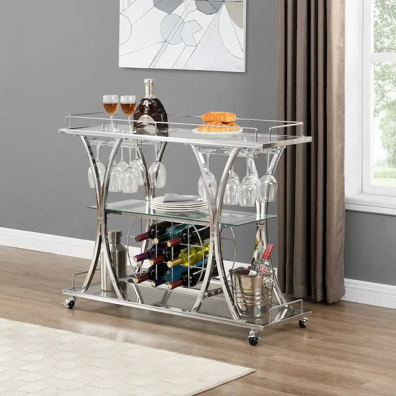 3-Tier Tempered Glass Rolling Bar Cart with Wine Rack and 16 Glass Holder