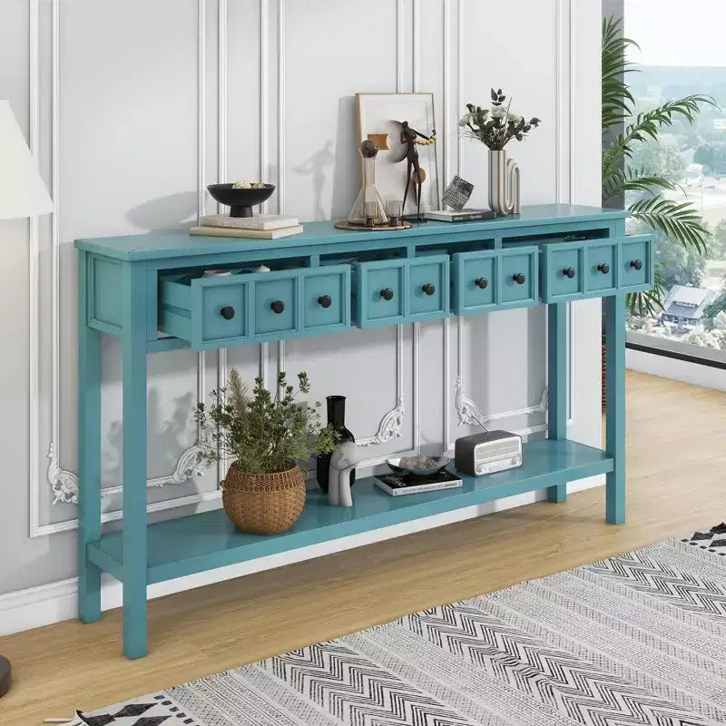 60 Rustic Console Table with 4 Drawers and Bottom Shelf, White